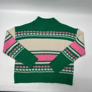 Green Cream Pink Mock Neck Striped Knit Sweater Long Sleeve Cozy Casual